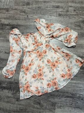 Blu Pepper Cream Mini Dress with Peach Rose Print and Long Sleeves